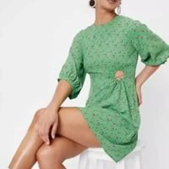 Nasty Gal green Floral Print Cut Out Puff Sleeve Mini Dress Size 8 - Picture 1 of 11